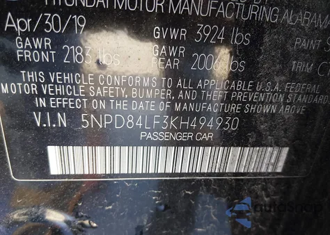 2019 Hyundai Elantra Value Edition z USA, uszkodzony, nr VIN 5NPD84LF3KH494930